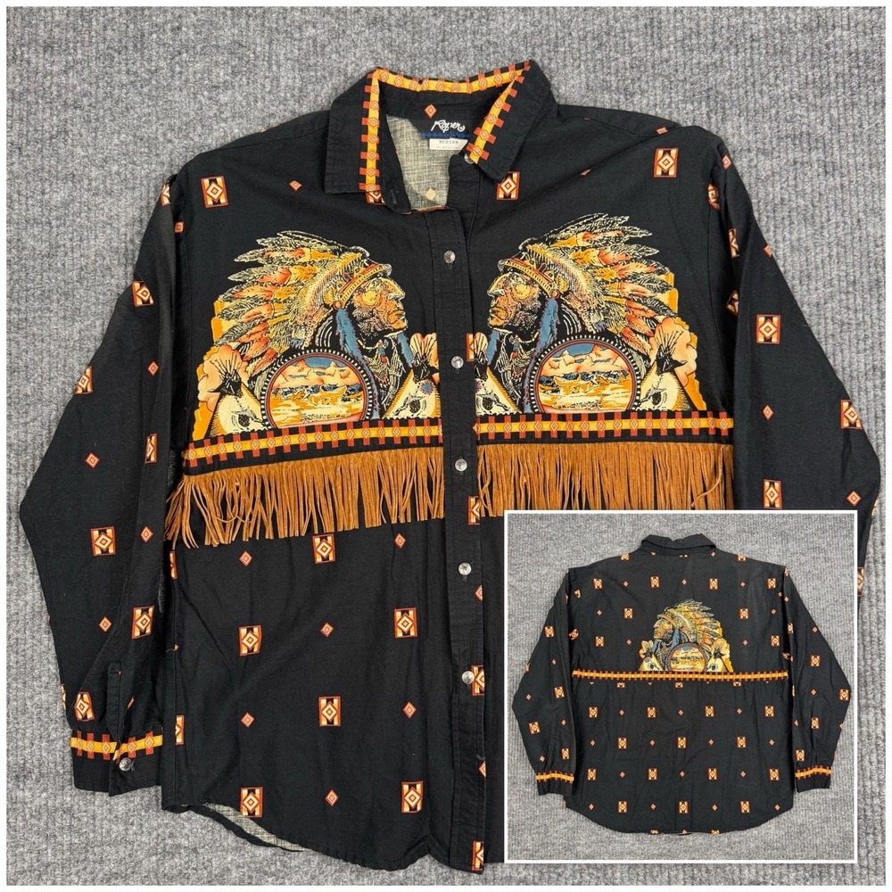 Vtg 90s Roper Western Shirt Mens AOP Native American Chief Fringe Southwestern